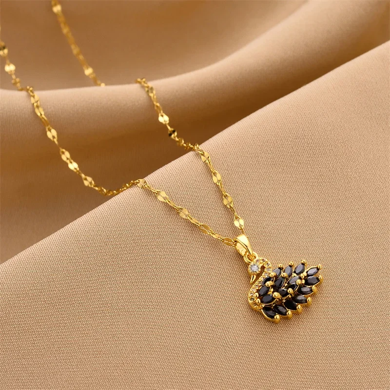 Classic Design Swan Zircon Pendant Necklaces For Women Girls Animal Pink Crystal Charms Stainless Steel Choker Jewelry