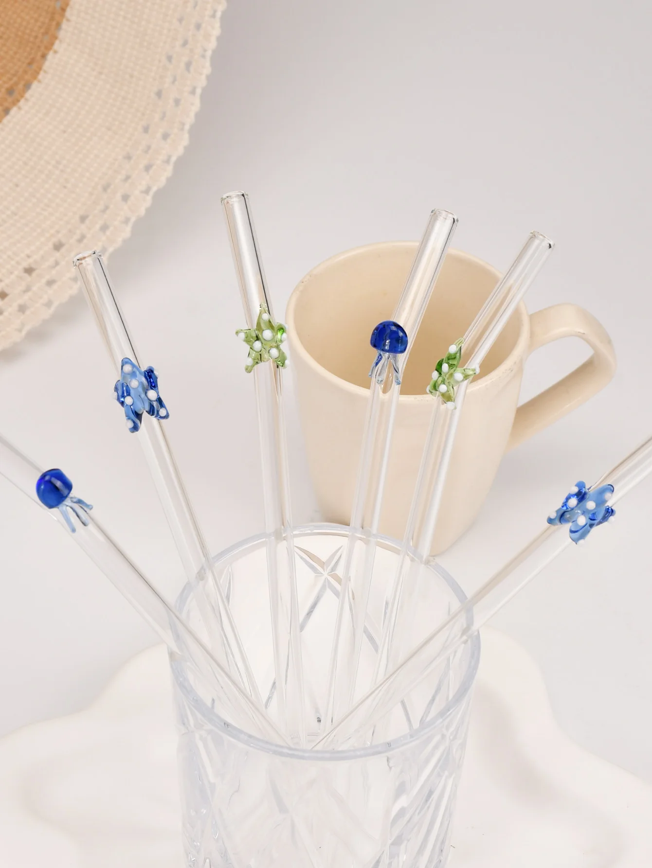1/4PCS Ocean Themed Reusable Glass Straws, Iced Drinks Tea Smoothie Straw, Beach Party Dessert Shop Gathering Gift, Summer Vibes
