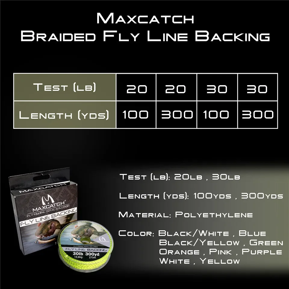 MAXIMUMCATCH Braided Backing Line 20-30LB 100-300Yards Multi-Purpose Colors Durable & Corrosion-Resistant Fly Fishing Line