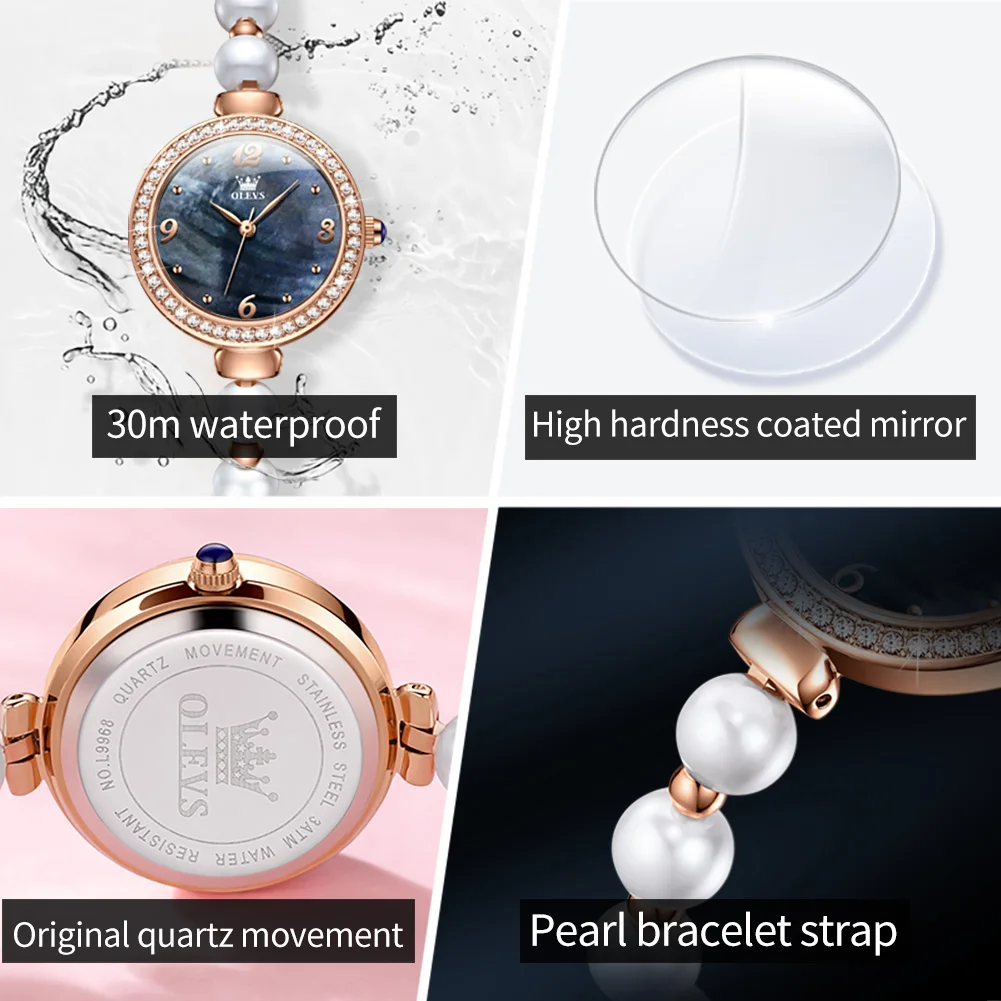 OLEVS Original Brand Women\'s Watches Fashion Pearl Chain Strap Waterproof Popular Quartz Watch Student Girl Trendy Diamond Inlay