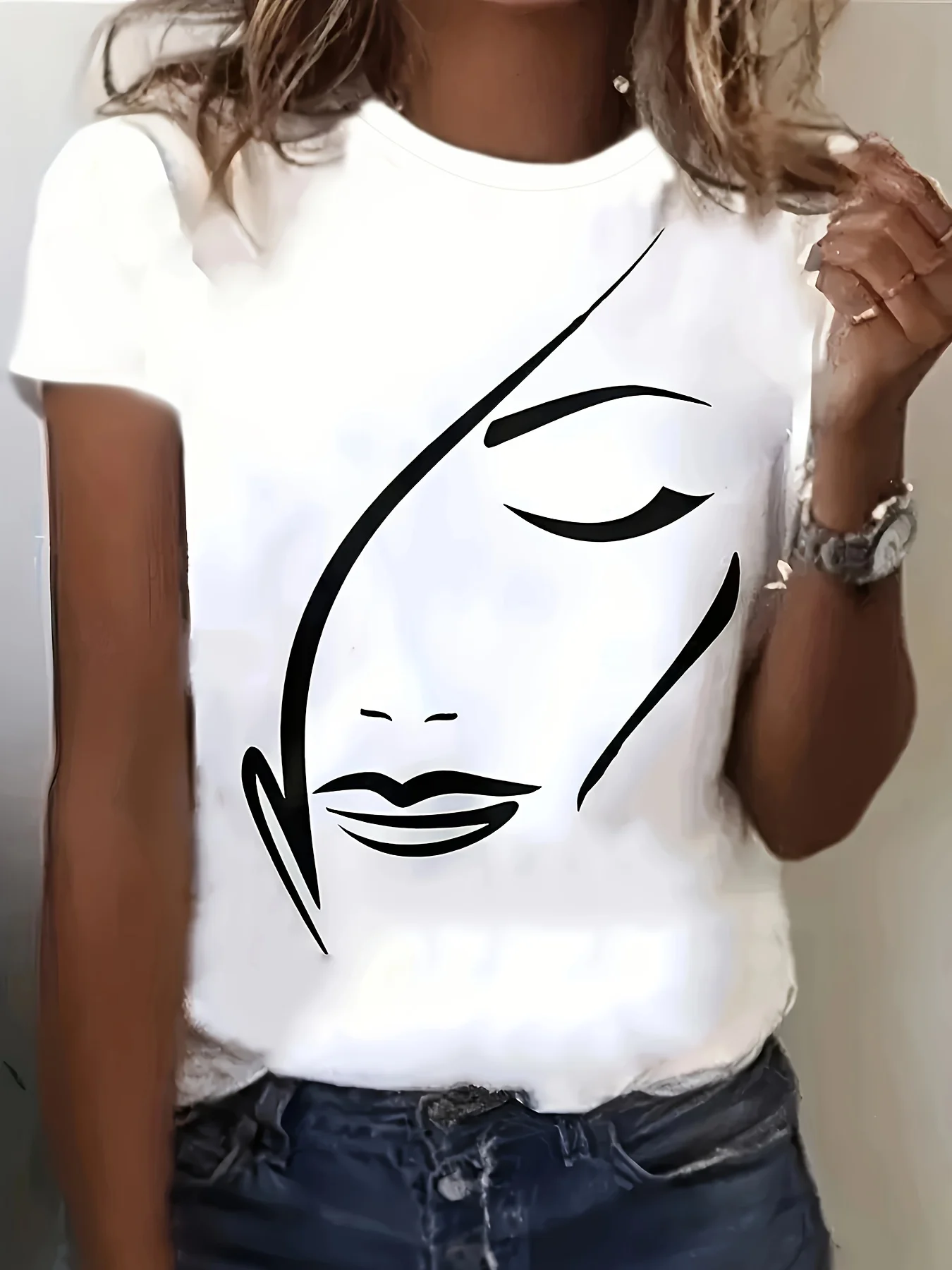 Summer Women's Simple Drawing Face Pattern Print Casual Plus Size Round Neck Short Sleeved Comfortable Breathable T-Shirt Top