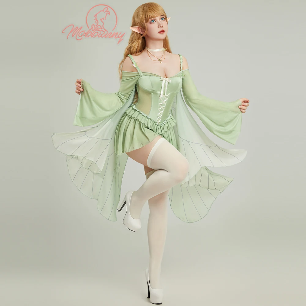 Mobbunny Women's Sexy Elf Lingerie Set Green Ruffle Elegant Bodysuit and Necklace with Stockings Cosplay Costume for  Halloween