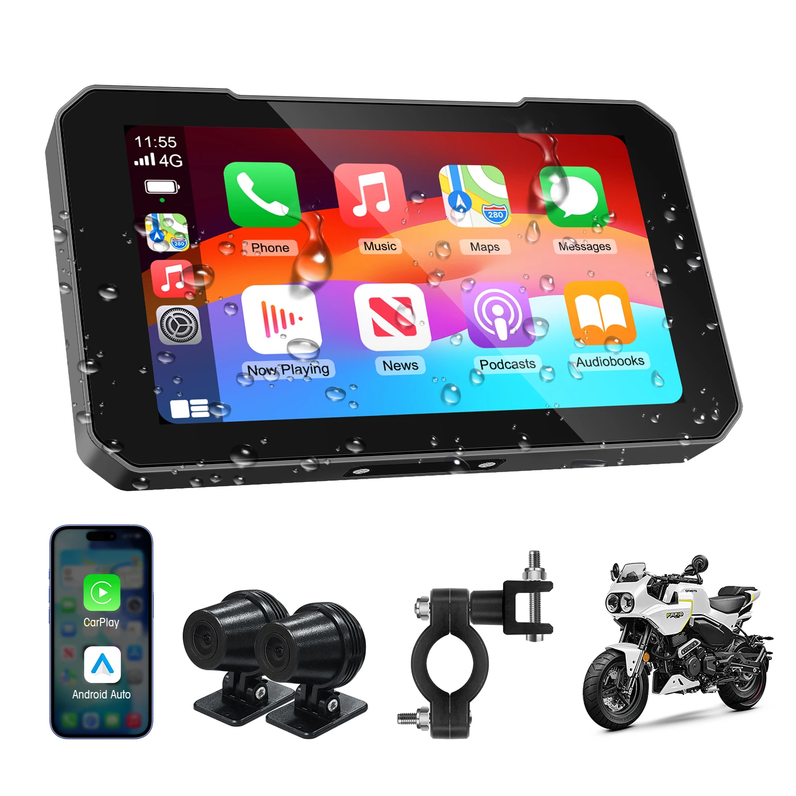 

Touch Screen Motorcycle CarPlay Screen Navigation IP67 Waterproof Display Screen Portable Motorcycle Monitor Dual Camera Record