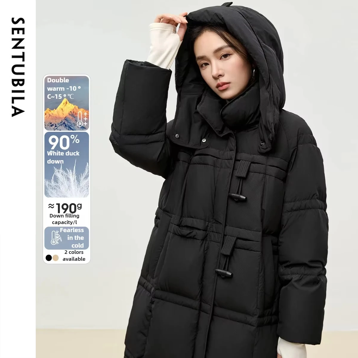 

SENTUBILA Hooded Down Jacket Women's 2025 Winter Loose Fit Long Down Coats Solid Casual Simple Commute Female Outwear W44Y56083