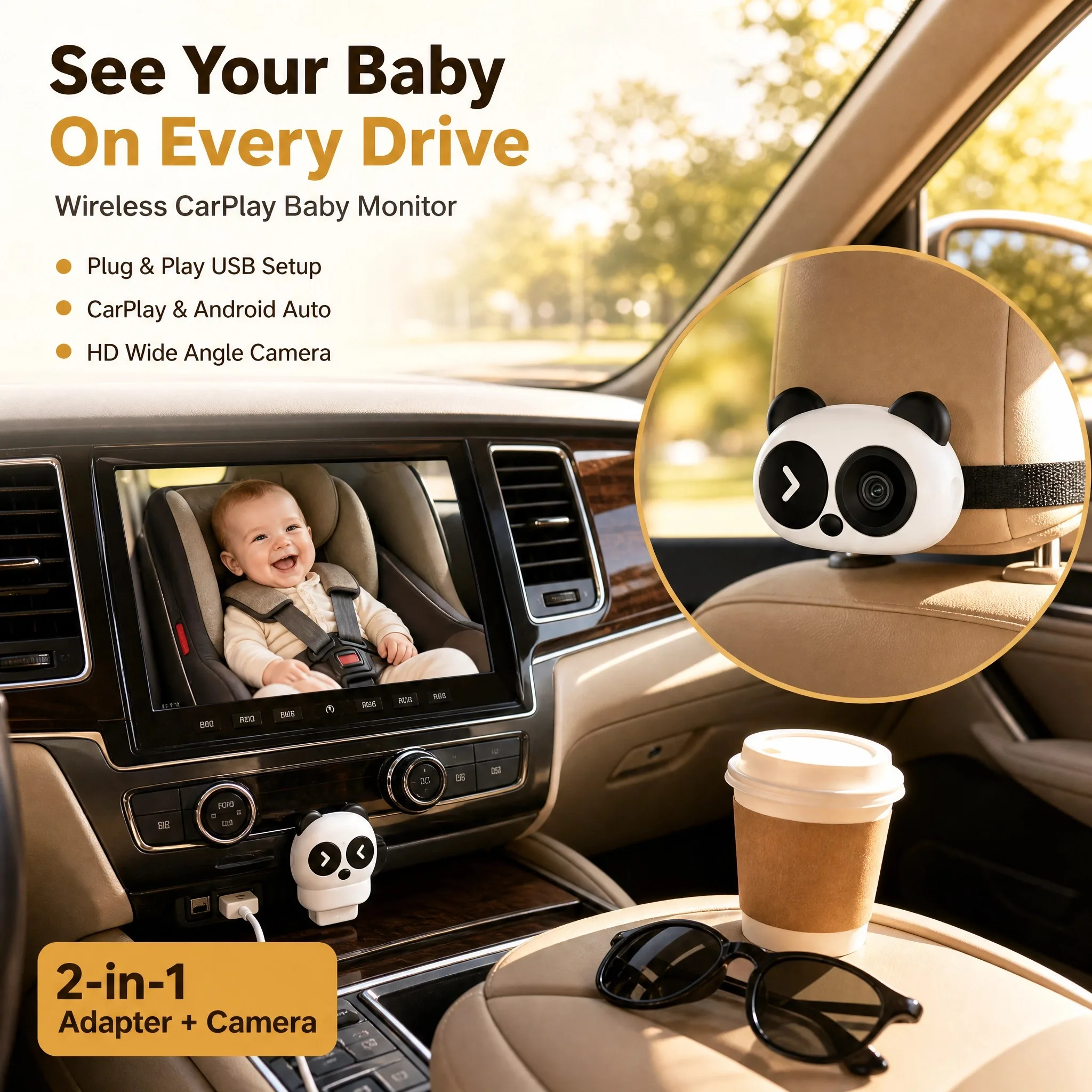 Wireless CarPlay Adapter with Rear Baby Camera 1080P HD Night Vision 120° Wide Angle Real-Time Display for Car