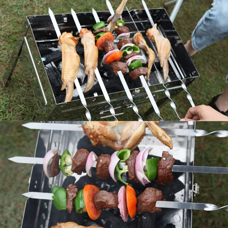 C2 6pcs BBQ Skewer Stainless Steel Shish Kebab BBQ Fork Set Long Flat Wood Handle Barbecue Needle Meat Grill Outdoor Tools