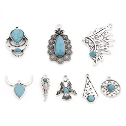 Bohemian Style Metal Pendants Antique Silver Color Imitation Turquoise Geometric Charms DIY Earrings Women Jewelry Findings,5PCs