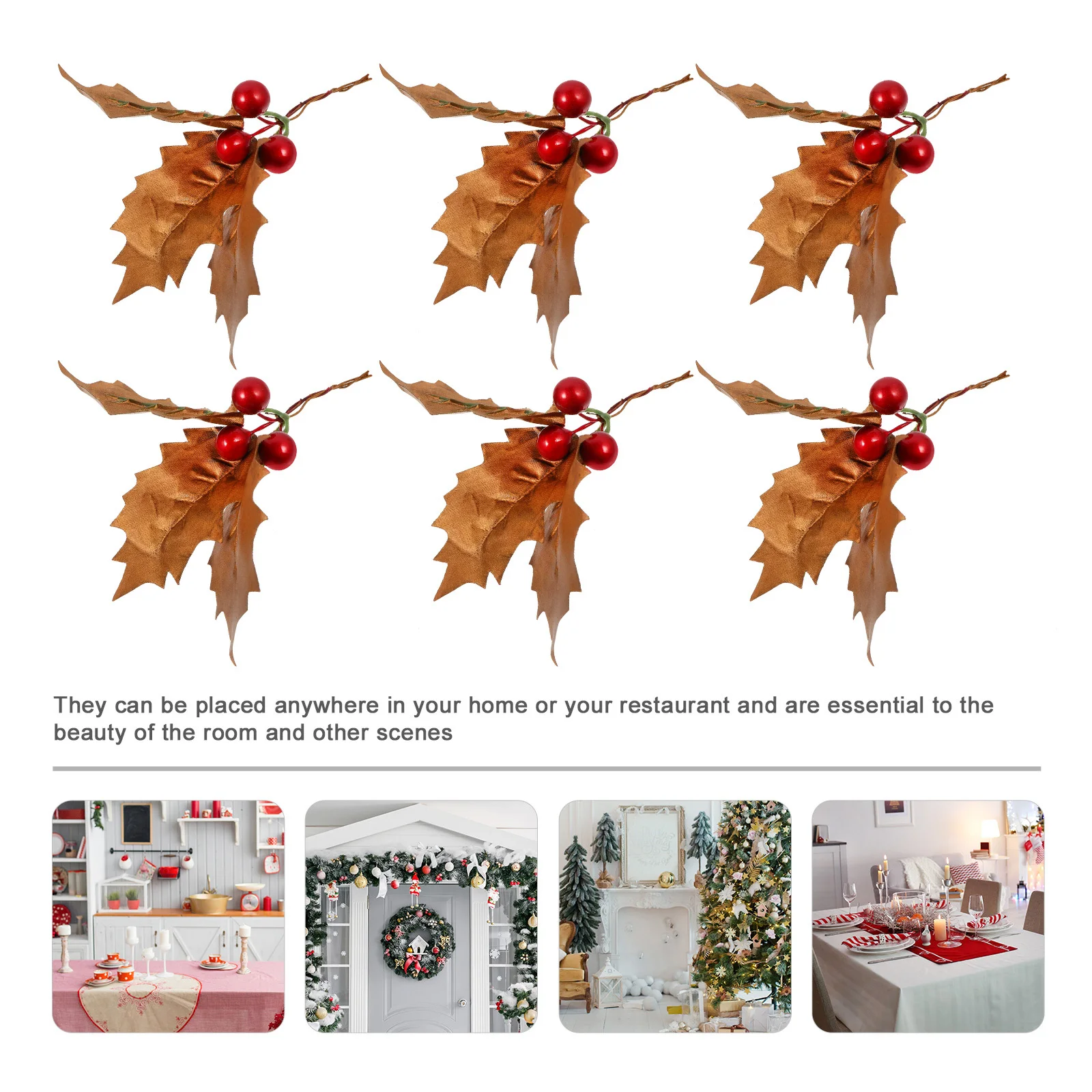 

6pcs Simulation Leaf Decor Red Berries Artificial Green Leaves For Christmas Home Party Decoration Desktop Showcase Fake Plant