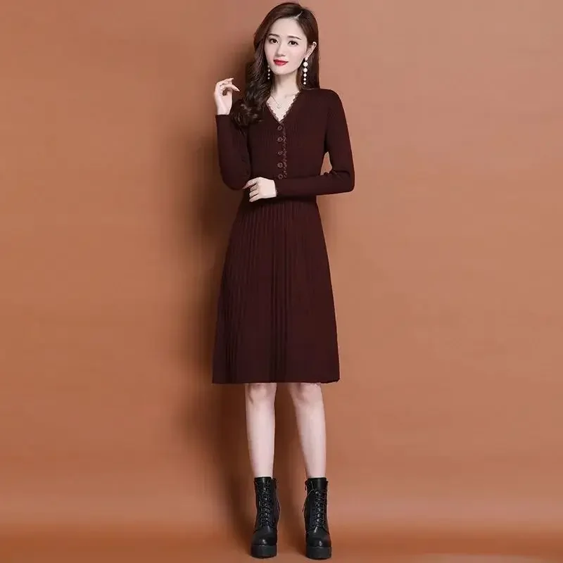 Midi Knee Length Cover Up Women's Dresses Brown V Neck Crochet Knit Clothing Black Female Dress Beach Elegant and Pretty Sale