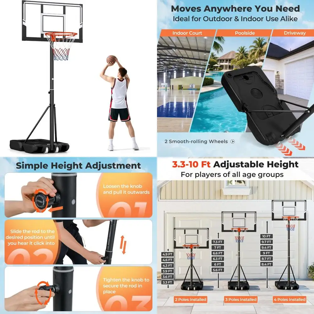 

GYMAX Basketball Hoop Outdoor, 3.3-7/10 FT Adjustable Portable Basketball Goal with Wheels, PC Backboard, Fillable Base for Kids
