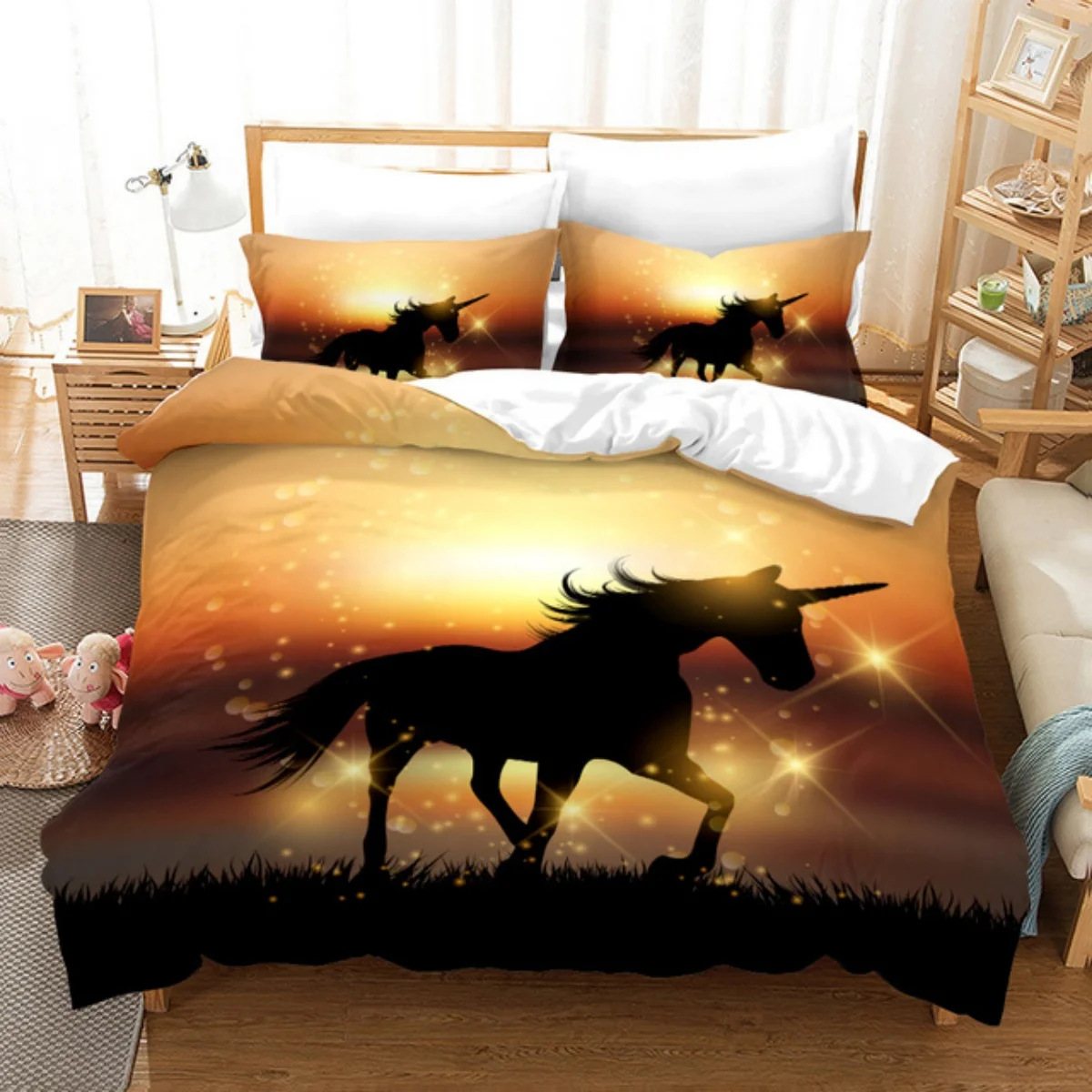 Unicorn Bedding Set Rainbow and Sunset Digital Printing Duvet Cover Set Suitable for Bedroom Angel Unicorn Silhouette Bed Linen