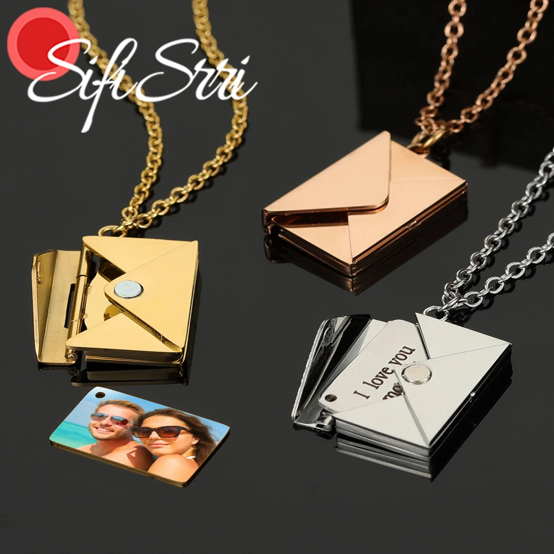 Sifisrri Engrave Photo Name Envelope Locket Pendant Necklace For Women Men Stainless Steel Jewelry Personalized Birthday Gift