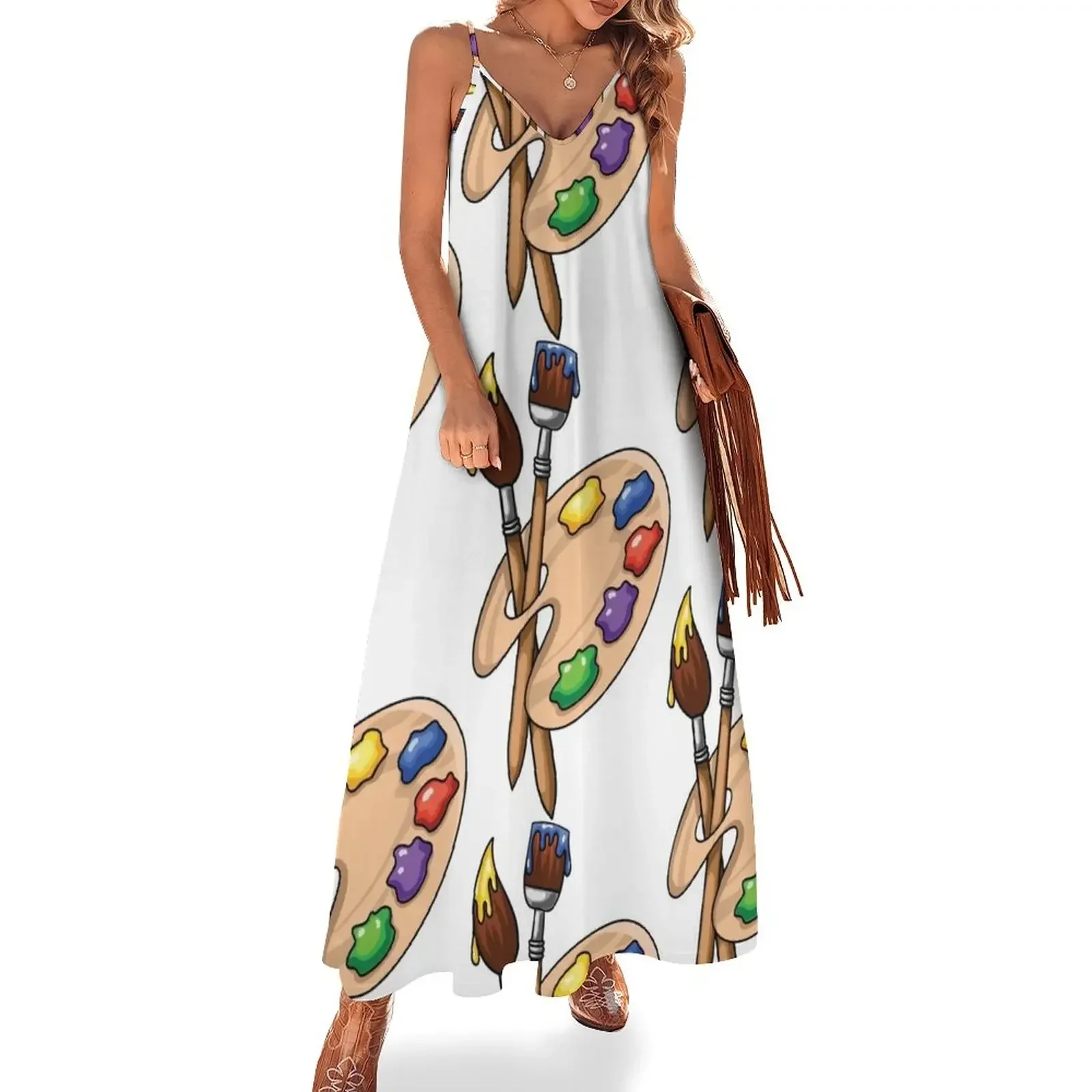 Cartoon wooden art Palette with paints and two brushes Sleeveless Dress prom dresses Dress