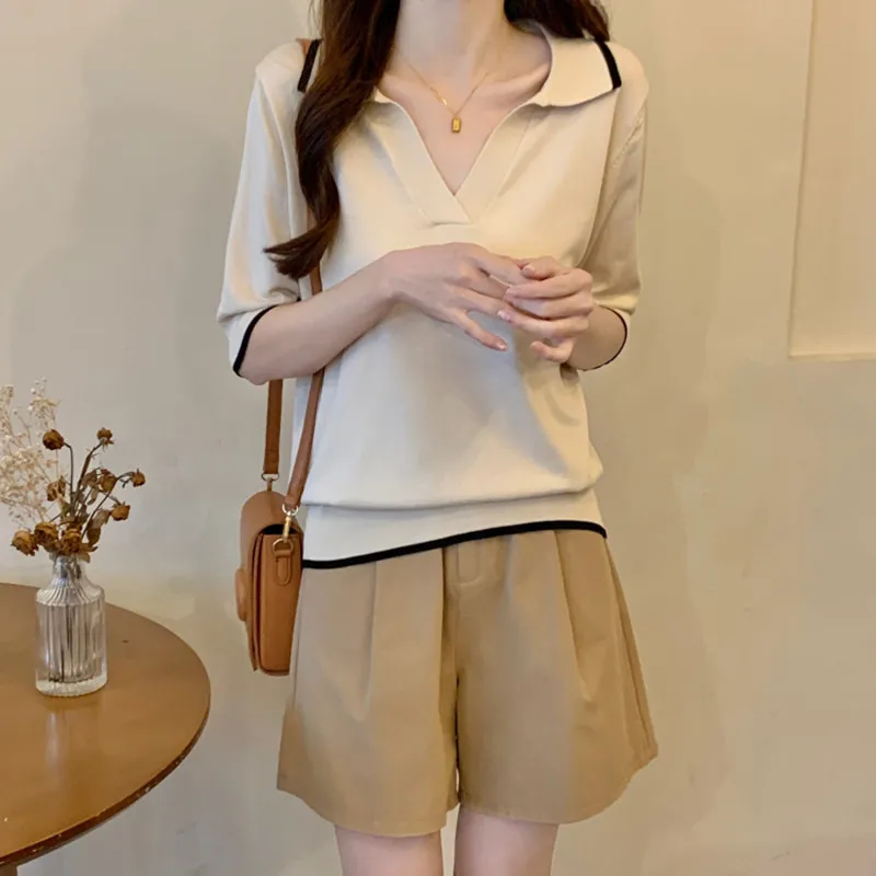 الكورية Sle فضفاض التخسيس Ne ort Sve تي شيرت محبوك المرأة الصيف جديد كبير الحجم تنوعا تنفس V-Ne