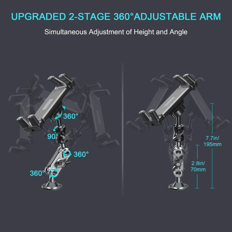 Car Phone Holder Aluminum Heavy Duty Drill Base Tablet Holder Car Mount Dashboard 360° Adjustable 2-Stage Stand for 5-15