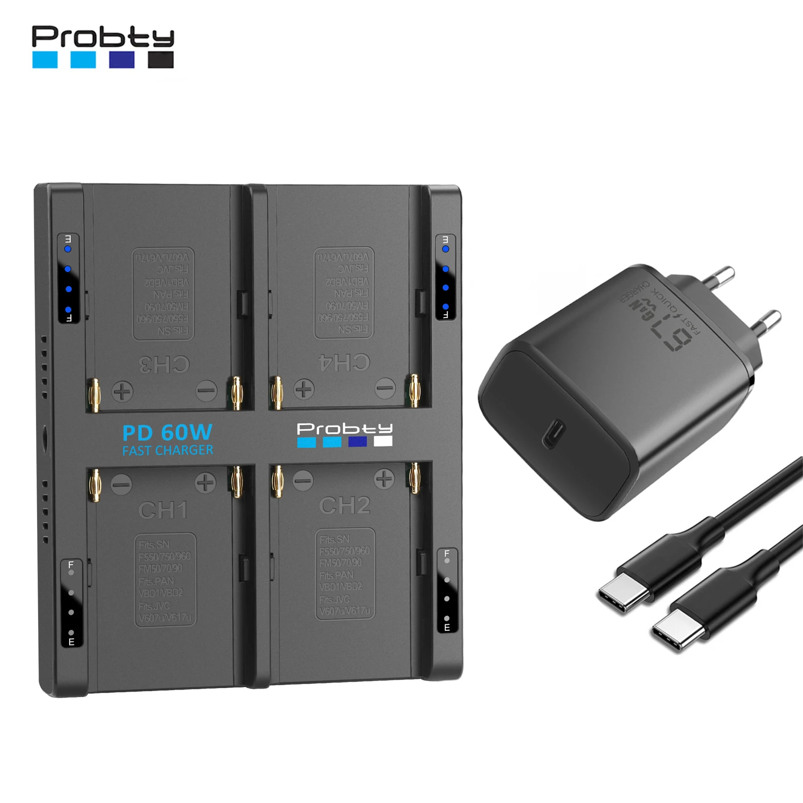 

Зарядное устройство с 4 слотами для аккумулятора Sony NP-F970 с быстрой зарядкой PD 65 Вт для аккумулятора Sony NP-F970 NP-F750 NP-F550