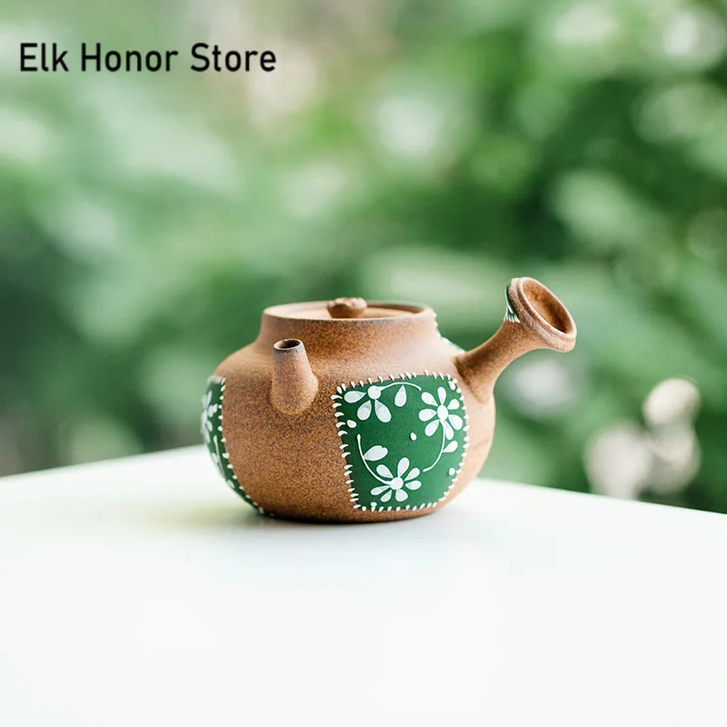 70ml Pure Hand-painted Rough Pottery Side Handle Teapot Aesthetic Patch Small Pot Tea Soaking Kettle Tea Items Supplies Ornament