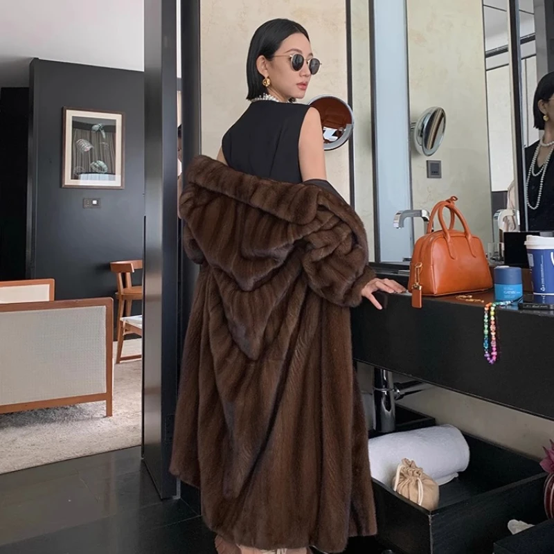 YOLANFAIRY mantel bulu mink beludru utuh yang telah diolah sepenuhnya untuk musim gugur dan musim dingin, mantel bulu berkerah persegi tebal berlengan panjang шуба женская2025