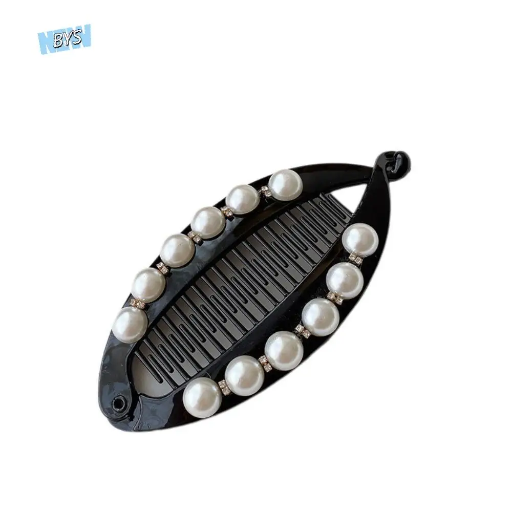 

Cute Korean Style Pearl Banana Clip Ponytail Holder Hairpin Plastic Vertical Clip Headdress Headwear Rhinestone Hair Clip Girls