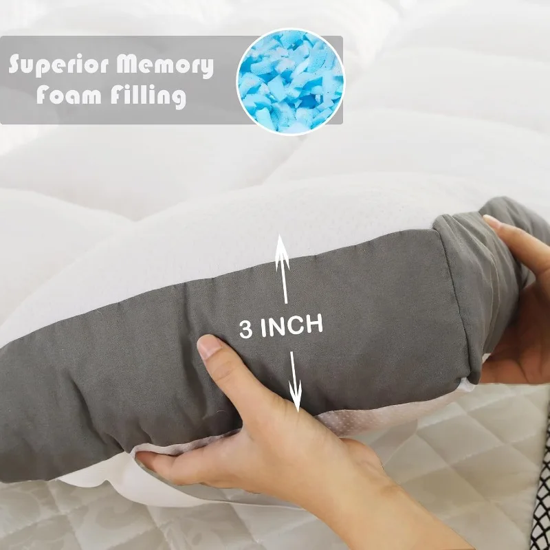 3 Inch Memory Foam Mattress Topper Memory Foam Filled Bamboo Cooling Fluffy&Soft 100% Air Fabirc Top Pillow Top,Anti-Slip Bottom