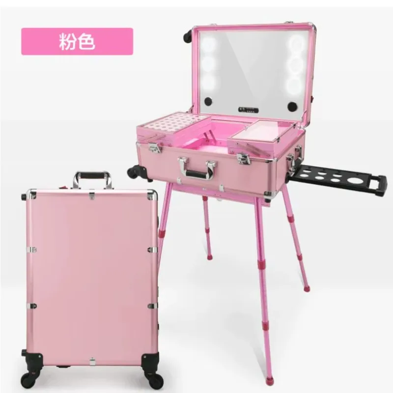 24 Inch Dimmable LED Light Rolling Makeup Case Portable Travel Cosmetic Trolley Storage Suitcase For Makeup Artist