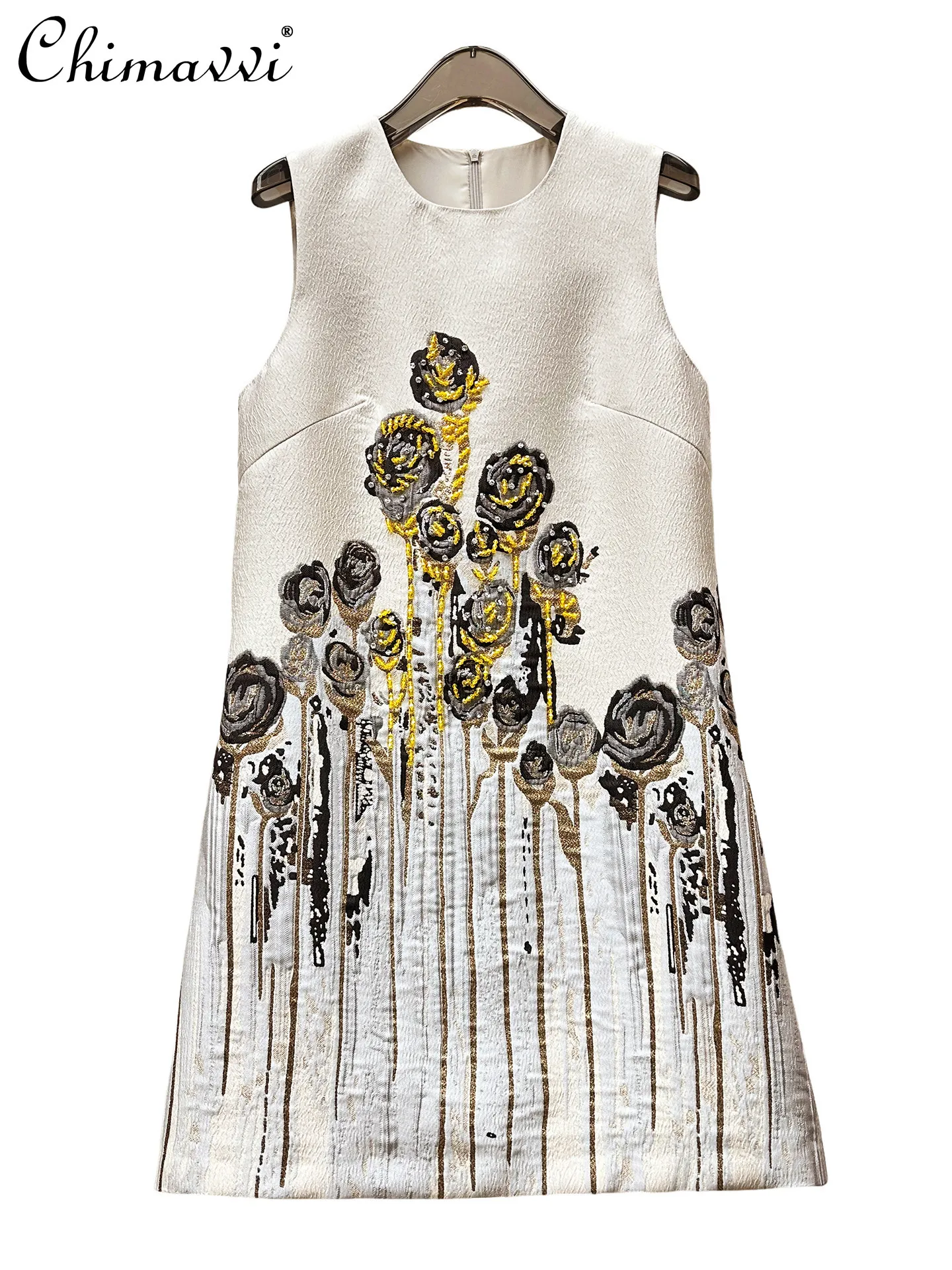 

Summer New Women's Classy Embroider Flower Jacquard Heavy Industry Beading A-line Dress Silm-fit Elegant Luxury Vest Dress