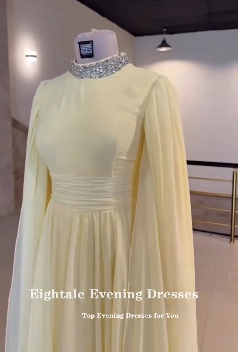 Eightale อาหรับชุดราตรีแขนยาวลูกปัดที่กําหนดเองชีฟองสีเหลืองพรหมงานแต่งงานชุด Abendkleider Hochzeit