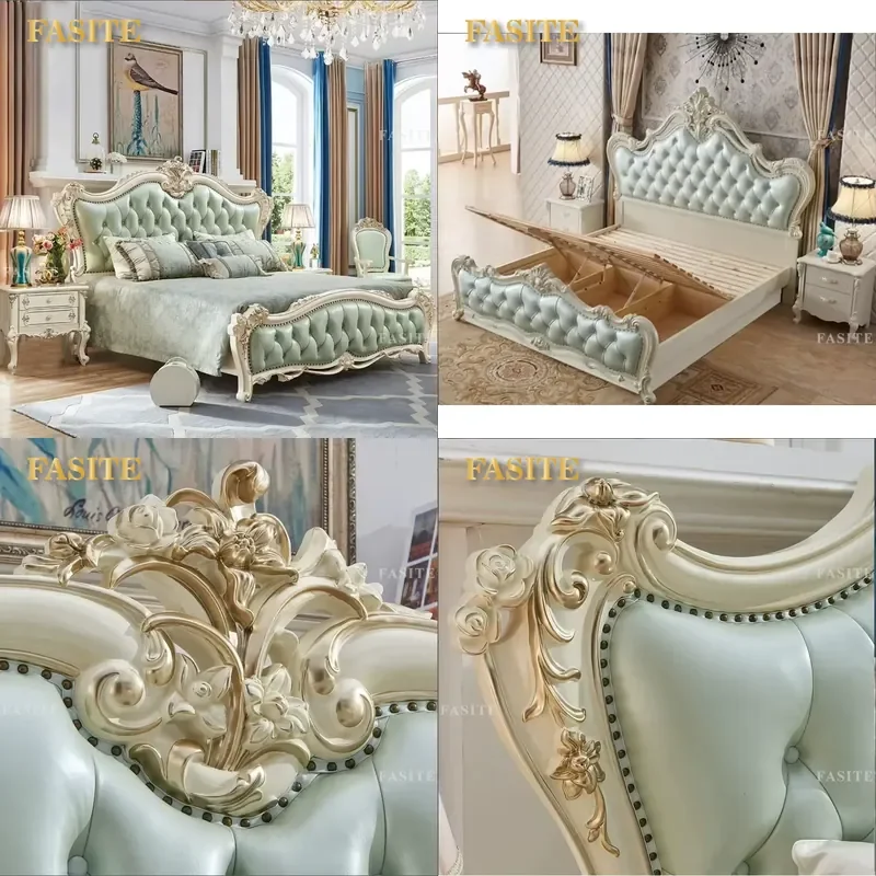 For European Luxury Genuine Leather King Size Bed Set Classic Carved Solid Wood Frame Antique Style Bedroom Furniture