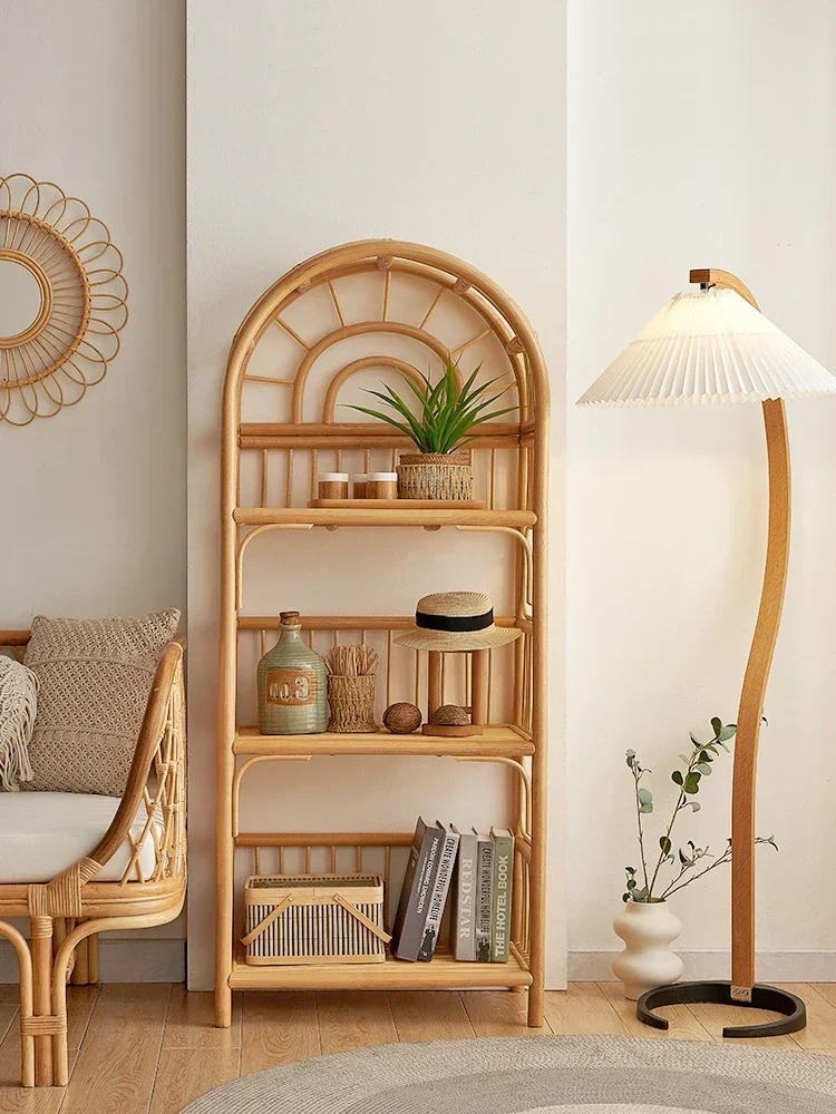 Rattan Shelf Floor Bookshelf Multi-Layer Storage Rack Living Room Home Display Stand