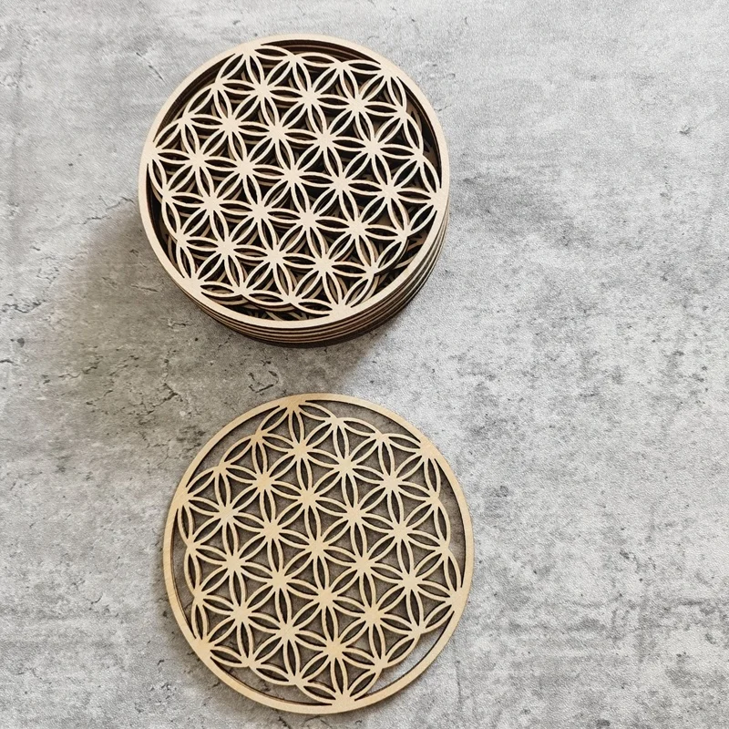 10pcs/lot Flower of Life Shape Wooden Wall Sign Laser Cu Coaster Wood Placemats Table Mat Round Cup Pad Art Home Decor