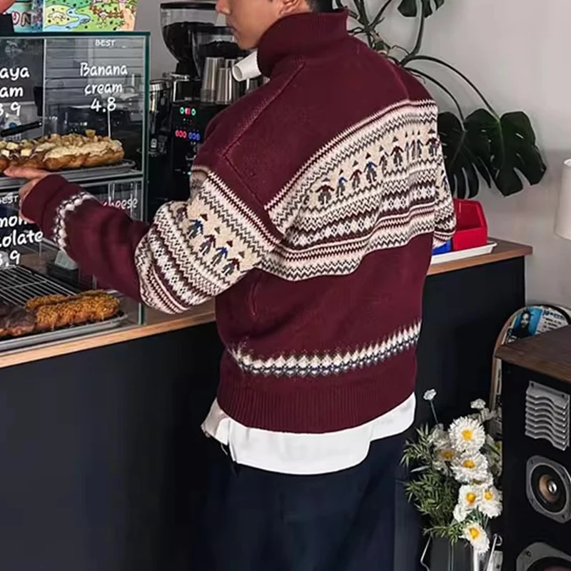 เสื้อสเวตเตอร์ถักลายกราฟิกวินเทจสำหรับผู้ชาย ฤดูใบไม้ร่วง ฤดูหนาว สวมใส่สบายๆ กลางแจ้ง แขนยาว เสื้อจัมเปอร์ถัก ทันสมัย มีซิปที่ปกเสื้อ