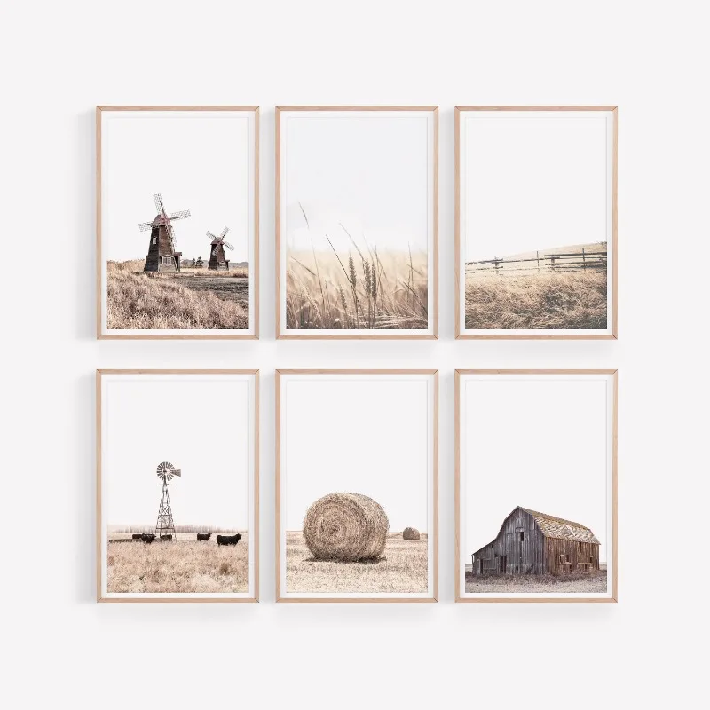 Farm Set of 6 Farmhouse Country House Barn Wheat Gallery Poster Canvas Printing Decor Living Room Bedroom Wall Art Home Decor