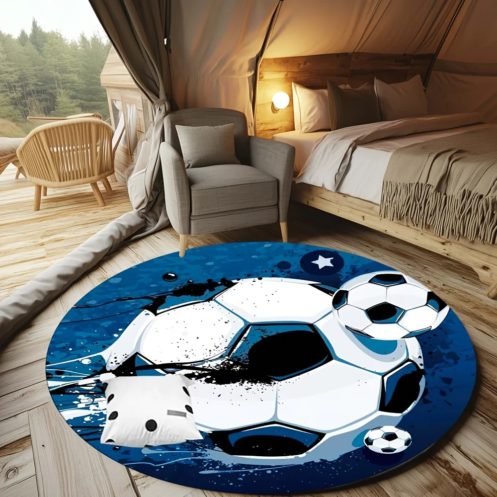 Round Soccer Football Throw Rug Pet Mat Indoor Floor Runner Sports Decorative Polyester Design for Living Room