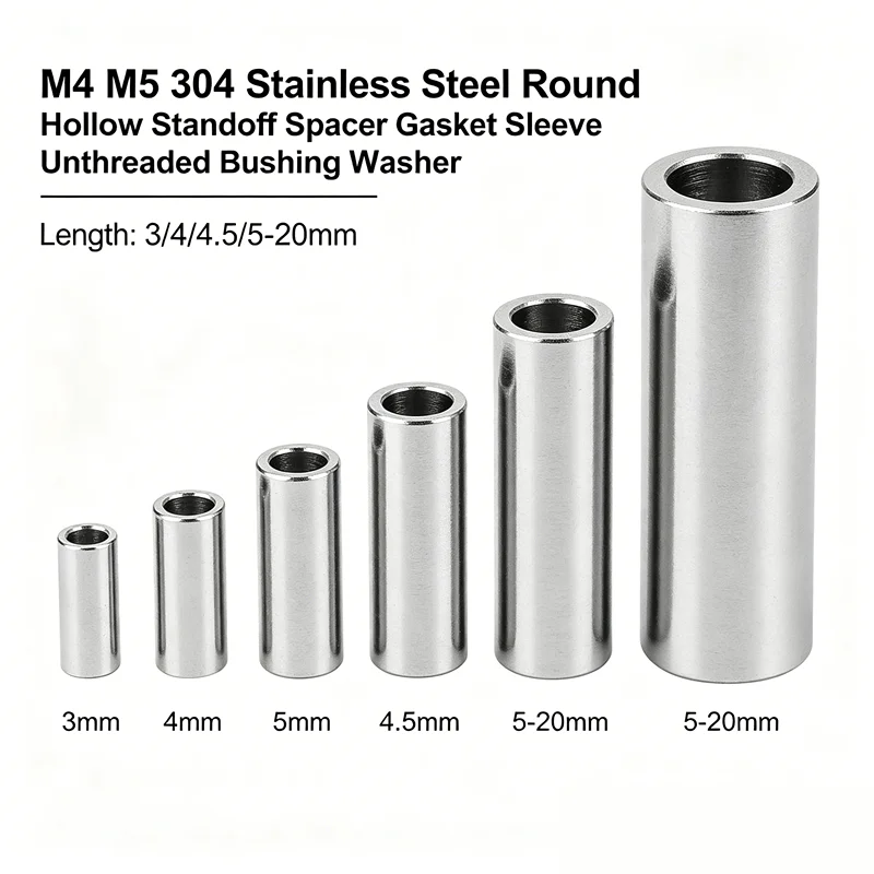 M4 M5 304 Stainless Steel Round Hollow Standoff Spacer Gasket Sleeve Unthreaded Bushing Washer Length 3 4 4.5 5-20mm