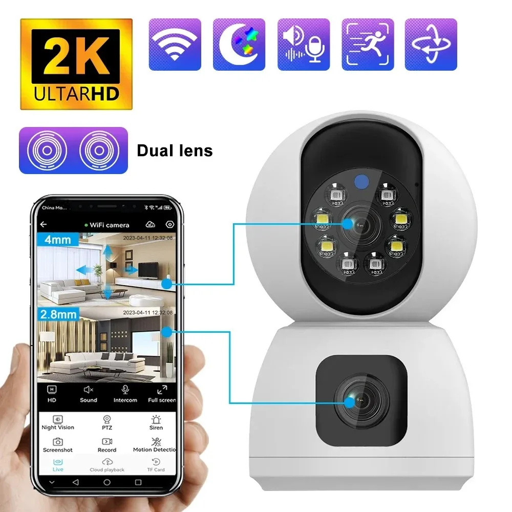 HFWVISION 2K 4MP WiFi Camera Dual Screen Home Secuiry Camera Ai Human Detection Color Night Vision CCTV Video Surveillance