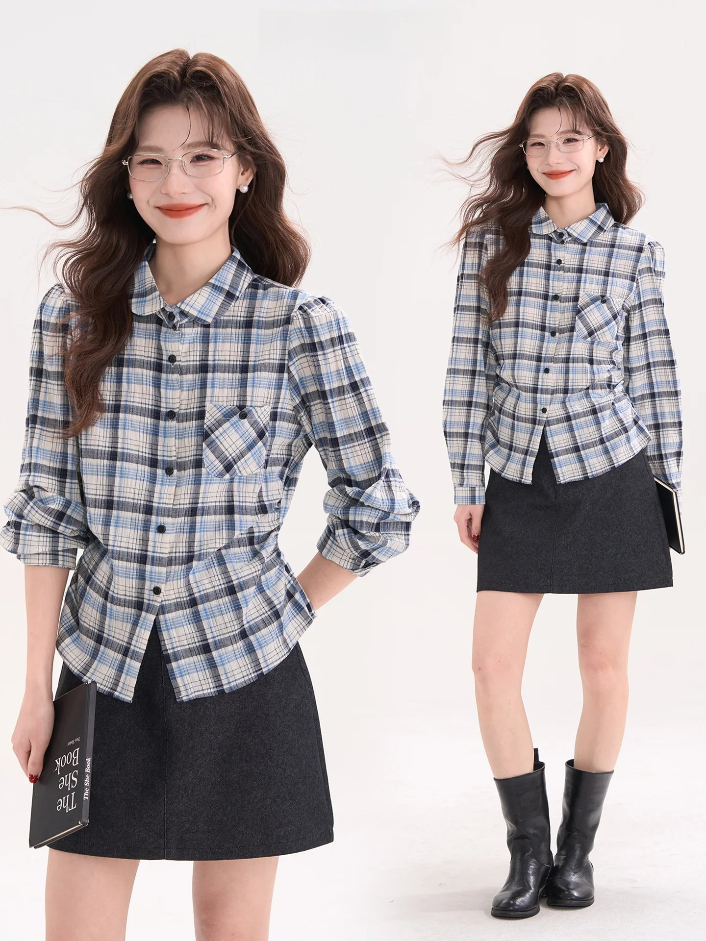 

Женская хлопковая рубашка в клетку для похудения, повседневный стиль, топ для работы, весенний сезон, с дизайном, подчеркивающим талию, с длинным рукавом