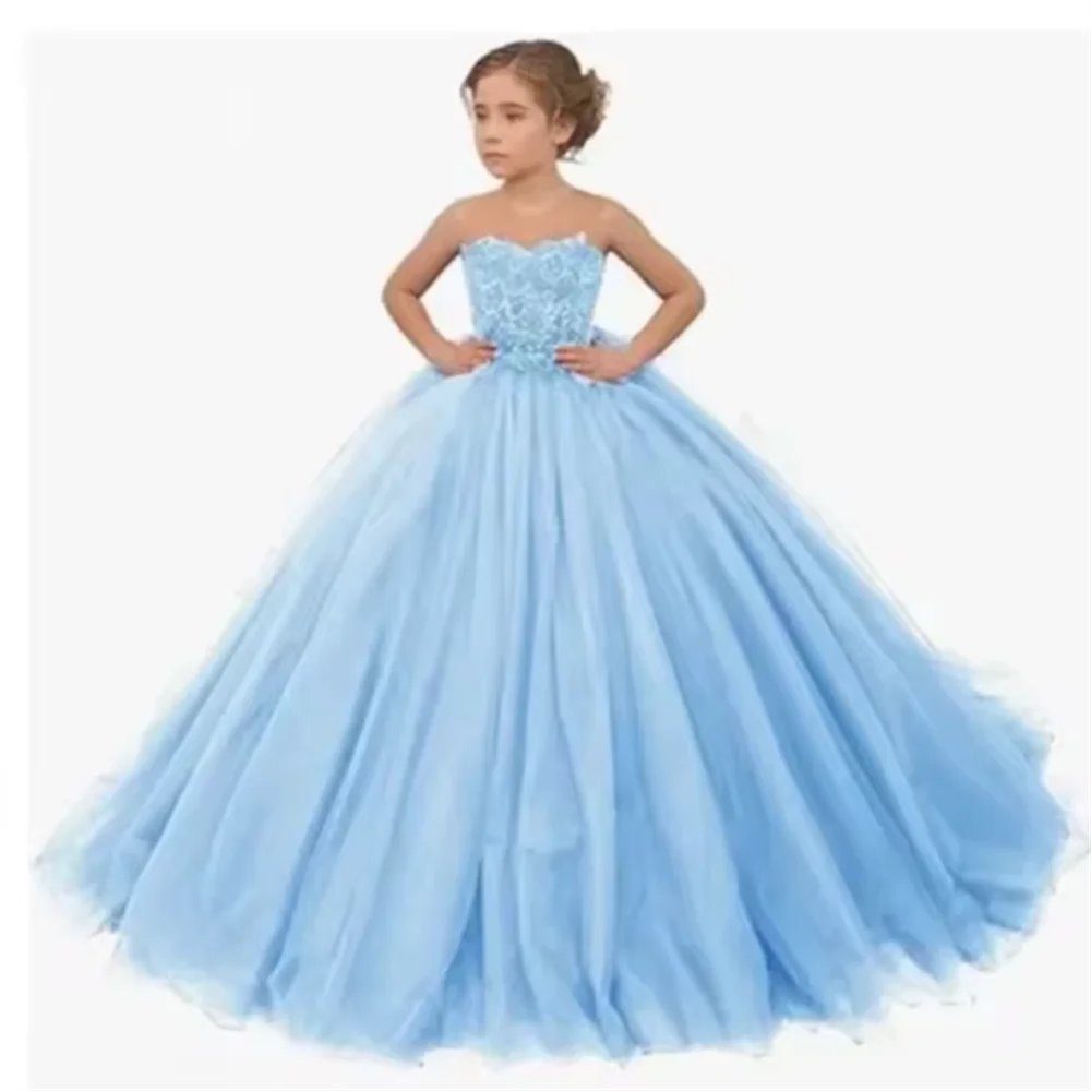 Blumenmädchenkleid Blau für Hochzeit Baby Prinzessin Ballkleider Spitzenapplikationen Schulterfrei Wunderschönes Abendkleid