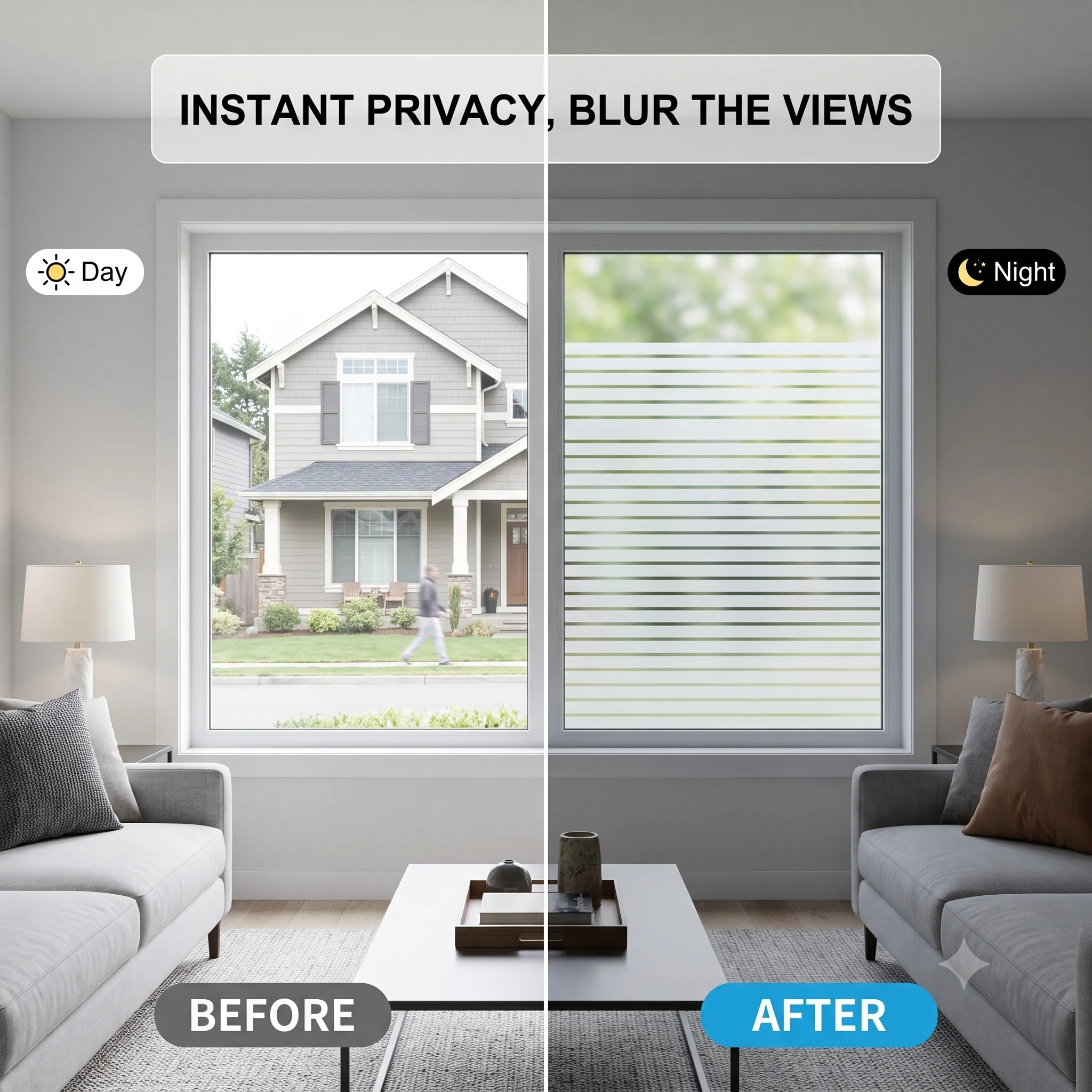 Frosted Privacy Glass Window Film Horizontal Striped Self-Adhesive Anti-Glare Waterproof Peel Stick Decal for Bathroom