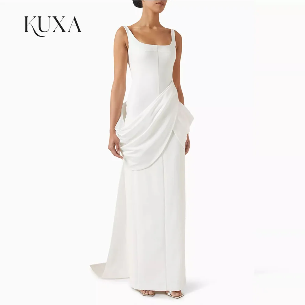 KUXA Customized Minimalist Square Neck Bridal Gown Sleeveless Draped Detail Low Back Wedding Dresses With Side Slit
