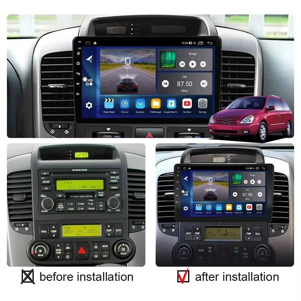 راديو السيارة لكيا كرنفال أندرويد الكل في واحد VQ 2006 07 08 09 10 2014 Autoradio مشغل وسائط متعددة الملاحة GPS CarPlay ستيريو