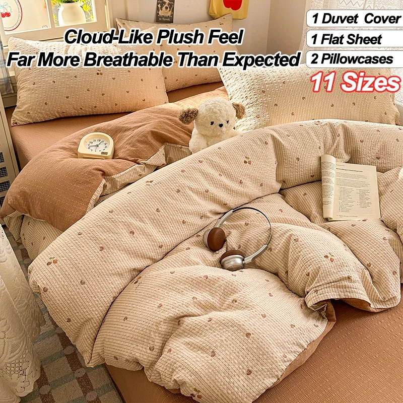 Bubble Gauze Bedding Set,Duvet Cover with Flat Sheet 2 Pillowcases,Cloud Soft Breathable Bed Linen,All Season Cozy Bedroom Decor