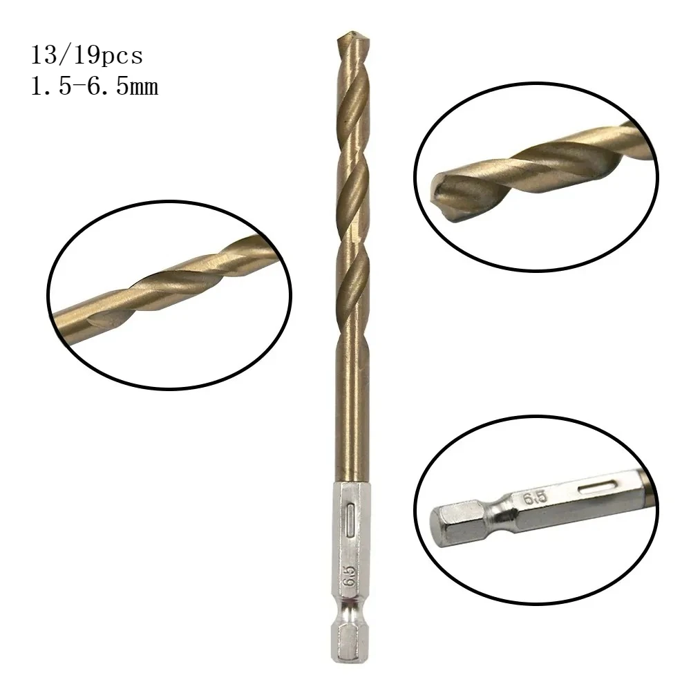 

Titanium Plated Hex Shank Twist Drill Bit Set, 13/19Pcs 1.5-6.5mm for Electric Drill Driver & Air Screwdriver Drilling Tools