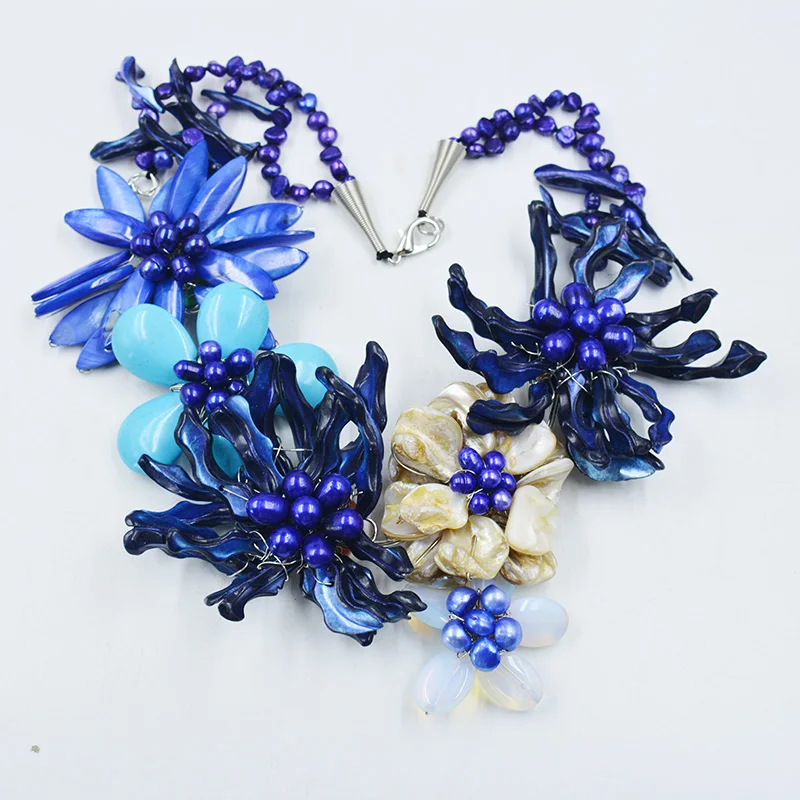 Exquisite, charming Wedding Jewelry Blue Shell Flower Necklace New Design 20\