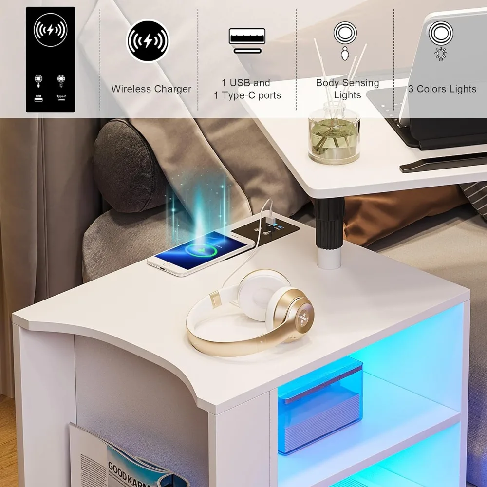 HNEBC LED Nightstand with Wireless Charging Station,White Nightstand Has Adjustable Rotary Table,Bedside Tables