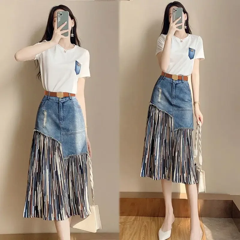 Women\'s Two Piece Set Denim Skirt Female Outfits Office Midi 2025 New In Promotion Korean Style Top And Bottom Clothing Luxury