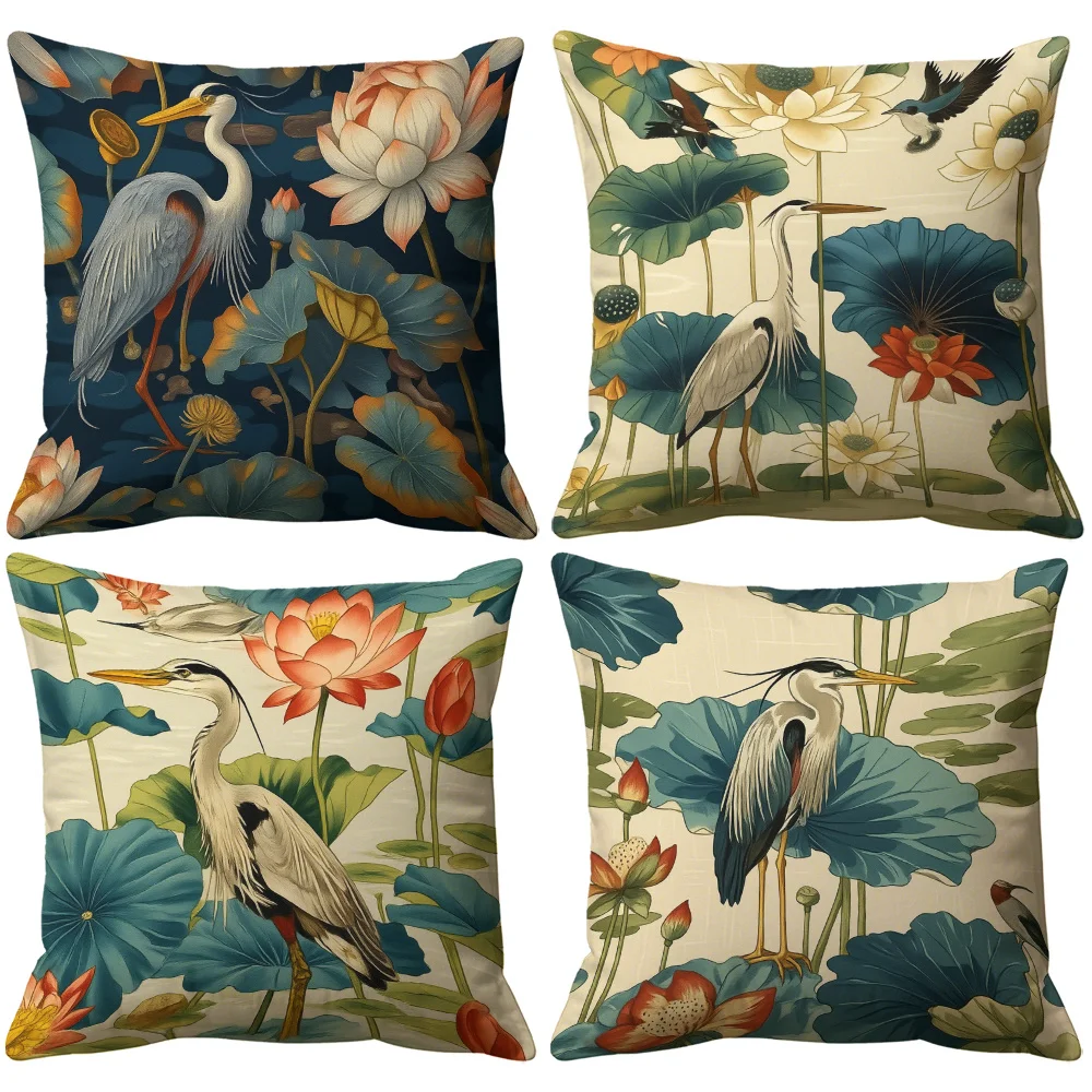 Elegant White Heron Lotus Theme printing pillow cover Short plush Suitable living rooms bedrooms sofas throw cushion cover 4pcs