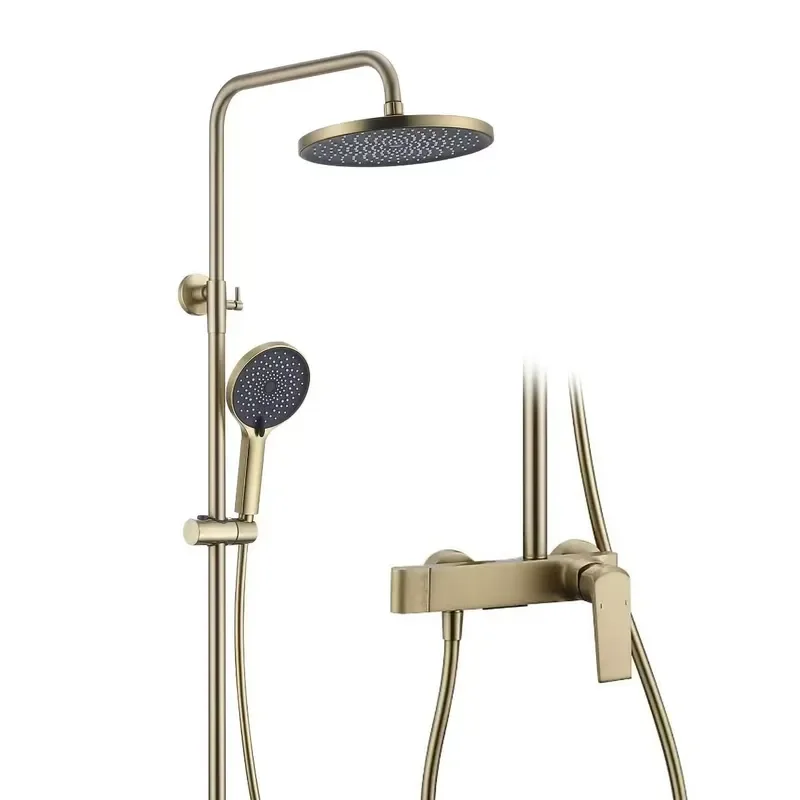 Brushed Gold Brass Wall Mounted Shower Set with Rainfall Head and Handheld Sprayer Ceramic Valve Core Hotel Use