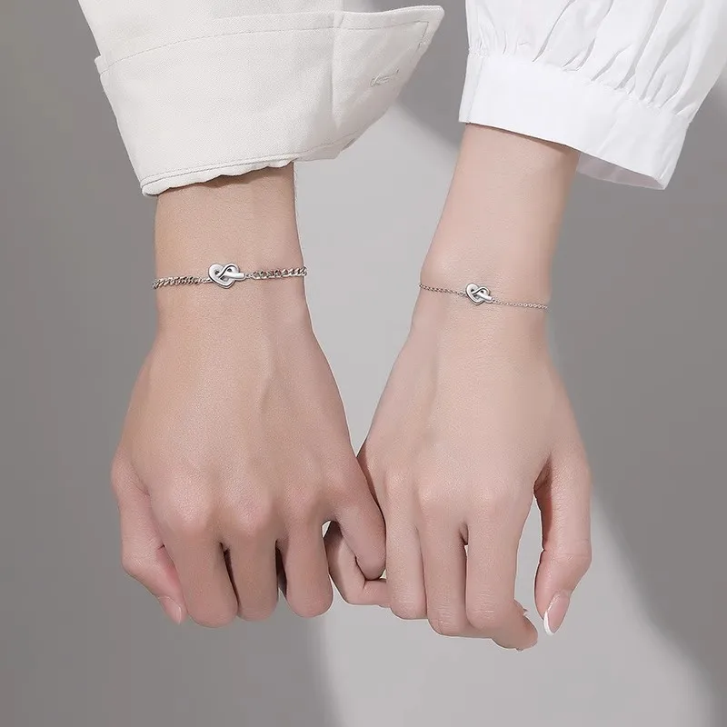 Couple Love Heart Knot Bracelet for Women Men Silver Color Simple Chain Knot Lovers Bracelets for Girlfriend Boyfriends Jewelry