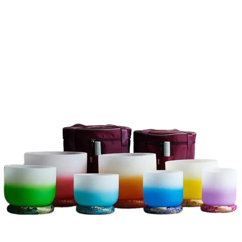 Frosted Crystal Singing Bowls Set of 6''-14'' Perfect Pitch C D E F G B Notes 432HZ-440HZ Chakra with Bags