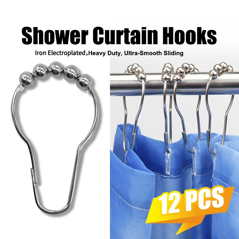 12PCS Metal Shower Curtain Hooks Heavy Duty Smooth Sliding Rings with Balls for Bathroom Curtain Rod